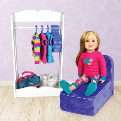 Clothing rack for 18 inch dolls with hanging bar 10 hangers and storage base scene