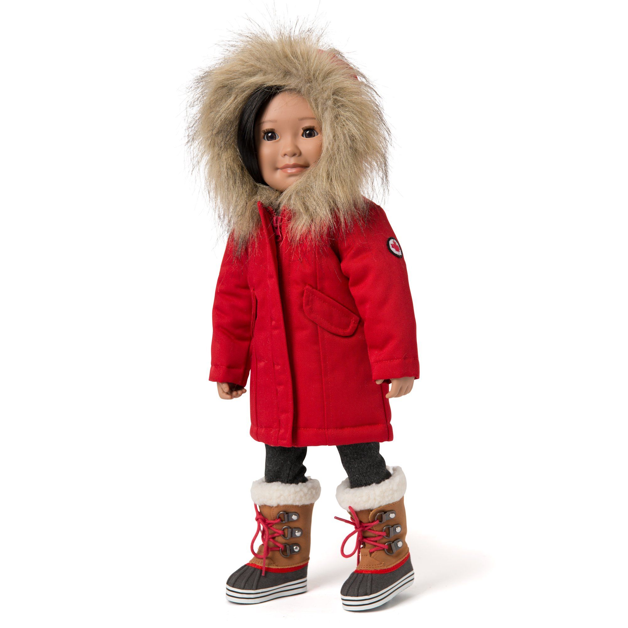 Red Canadian parka is worn by 18 inch doll