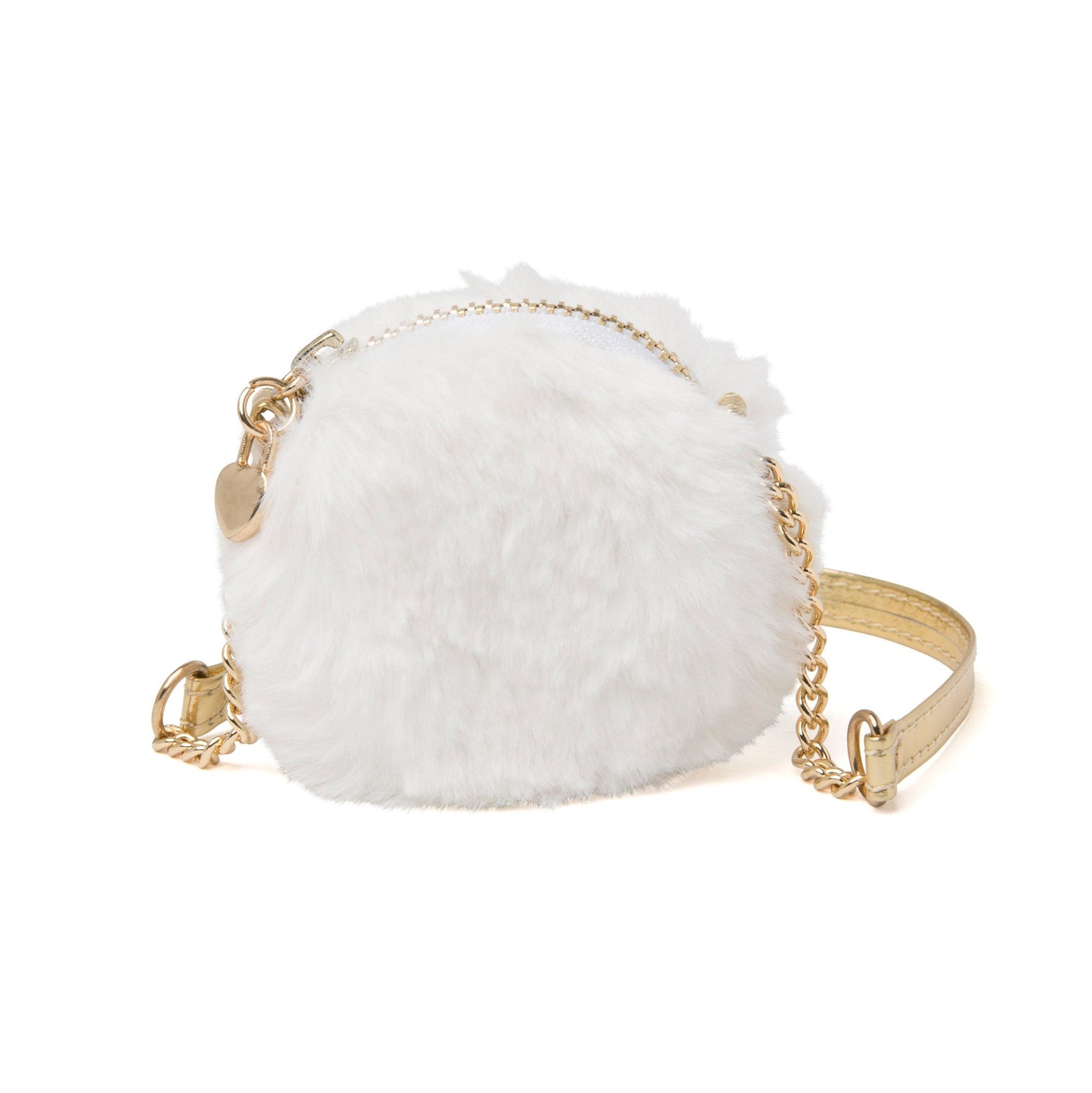 Fun fur purse with zipper and gold strap for 18 inch dolls.