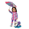 Rain jacket with cloud print and silver lining,  purple leggings, multi-coloured striped socks, purple, pink and blue umbrella fits all 18 inch dolls. Shown on Maplelea Friends doll with Jasper the schnauzer wearing a walk in the rain pet set.