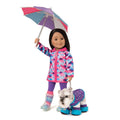 Rain jacket, leash, and booties for plush dogs. Shown on doll wearing  KM166 Silver Linings Set. 