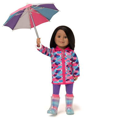 Rain jacket with cloud print and silver lining,  purple leggings, multi-coloured striped socks, purple, pink and blue umbrella fits all 18 inch dolls.