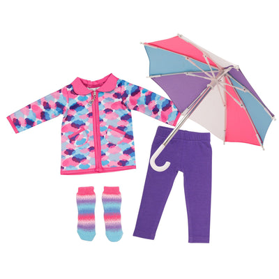 Rain jacket with cloud print and silver lining,  purple leggings, multi-coloured striped socks, purple, pink and blue umbrella fits all 18 inch dolls.