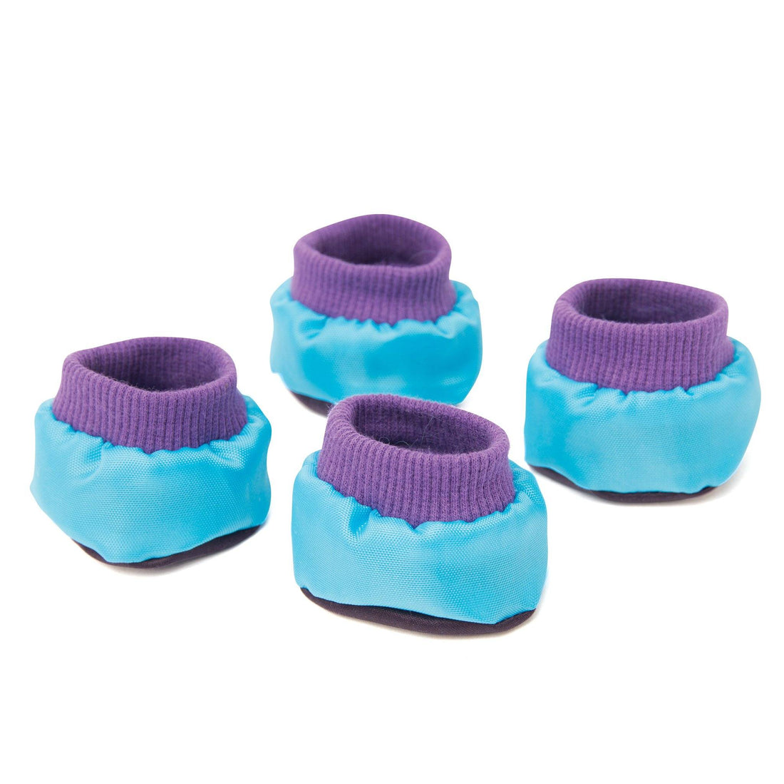 Purple and blue rain booties for plush dogs. 