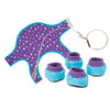 Purple dog rain jacket with raindrops, silver leash, and booties for plush dogs for 18 inch dolls.