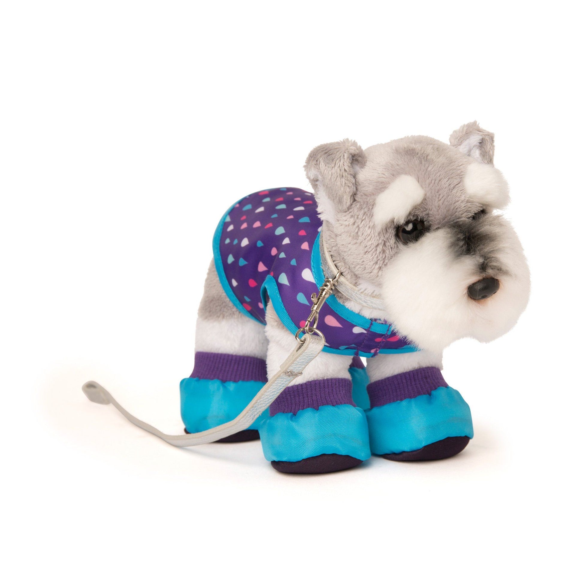 Purple dog rain jacket with raindrop pattern, silver leash, and booties for plush dogs. 