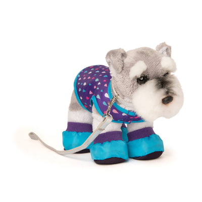 Purple dog rain jacket with raindrop pattern, silver leash, and booties for plush dogs.
