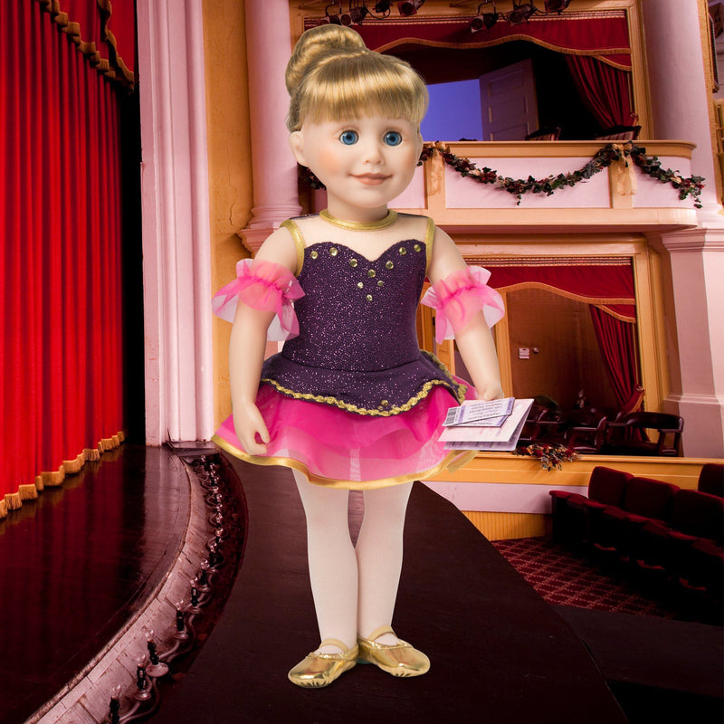 18 inch doll dressed in ballet outfit with ballet slippers
