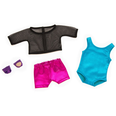 Blue metallic bodysuit, black mesh top, bright pink metallic boyshorts, purple dance paws fits all 18 inch dolls.