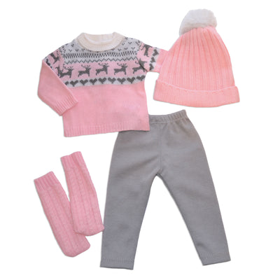 18 inch doll in pink and silver winter sweater with pom pom toque and boots