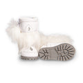 Furry white winter boots for 18 inch dolls trimmed with silver stitching and  faux fur have grey soles.