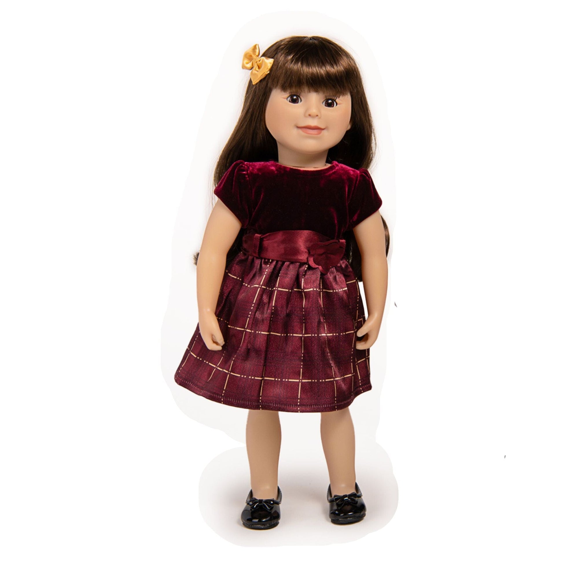 18-inch doll wearing plaid dress for festive occasion