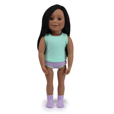 An 18 inch Maplea doll wearing a tank top, panties and socks.