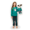 girl wearing christmas pajamas that matches her toy's pajamas