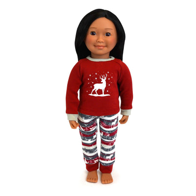 Forest Snow burgundy and grey Pyjamas for dolls includes winter silhouette of woodland animals in a snowy scene nordic pattern bottoms and deer silhouette top shown on 18 inch doll Saila