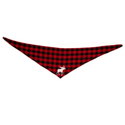 red and black buffalo plaid bandana for dogs with moose graphic