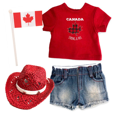 Oh Canada tshirt, jean cutoffs, red cowboy hat and Canadian flag for 18 inch dolls