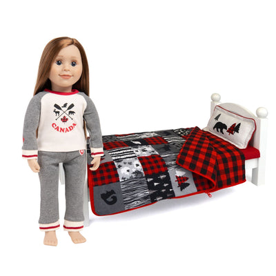 Maplelea doll wearing Canada pjs and bed with Canadian bedding