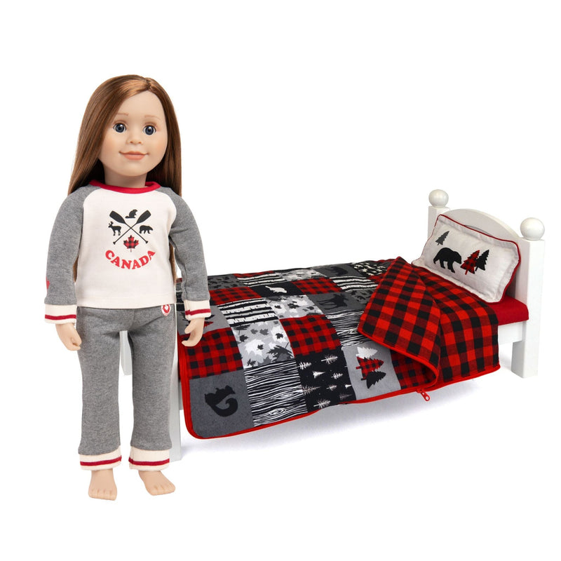18 inch doll wearing pajamas, grey with red stripe on cuff