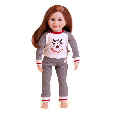 18 inch doll wearing pajamas, grey with red stripe on cuff