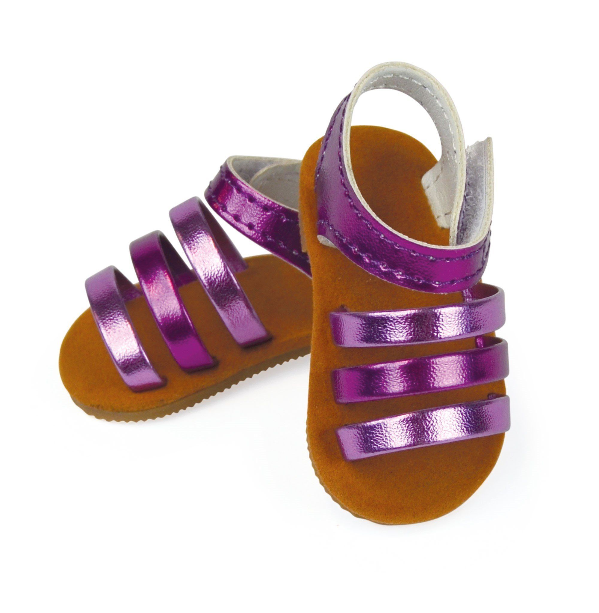 Strappy shiny two-tone purple sandals for 18" dolls. 