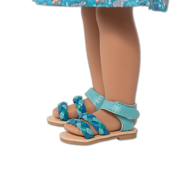 sandals for 18-inch doll in teal and aqua.  Suitable for dolls like Maplelea, Our Generation