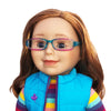 Strawberry blonde Maplelea Canadian Girl doll wearing pink aqua eyeglasses.