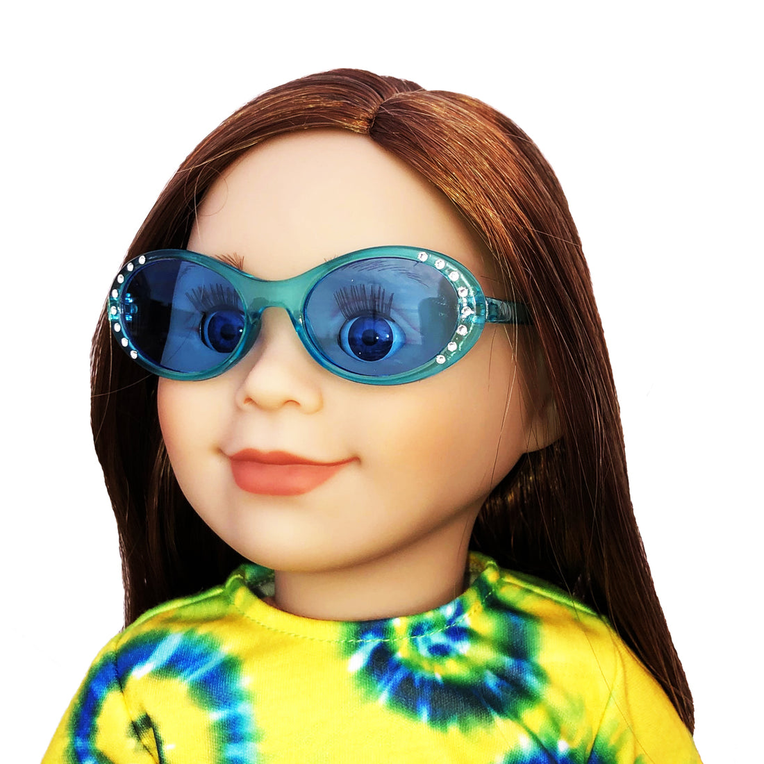 Doll sunglasses with aqua frames decorated with sparkly diamonds