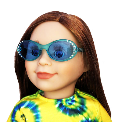 Maplelea Canadian Girl doll Charlsea wearing doll sunglasses in aqua with sparkly diamonds.