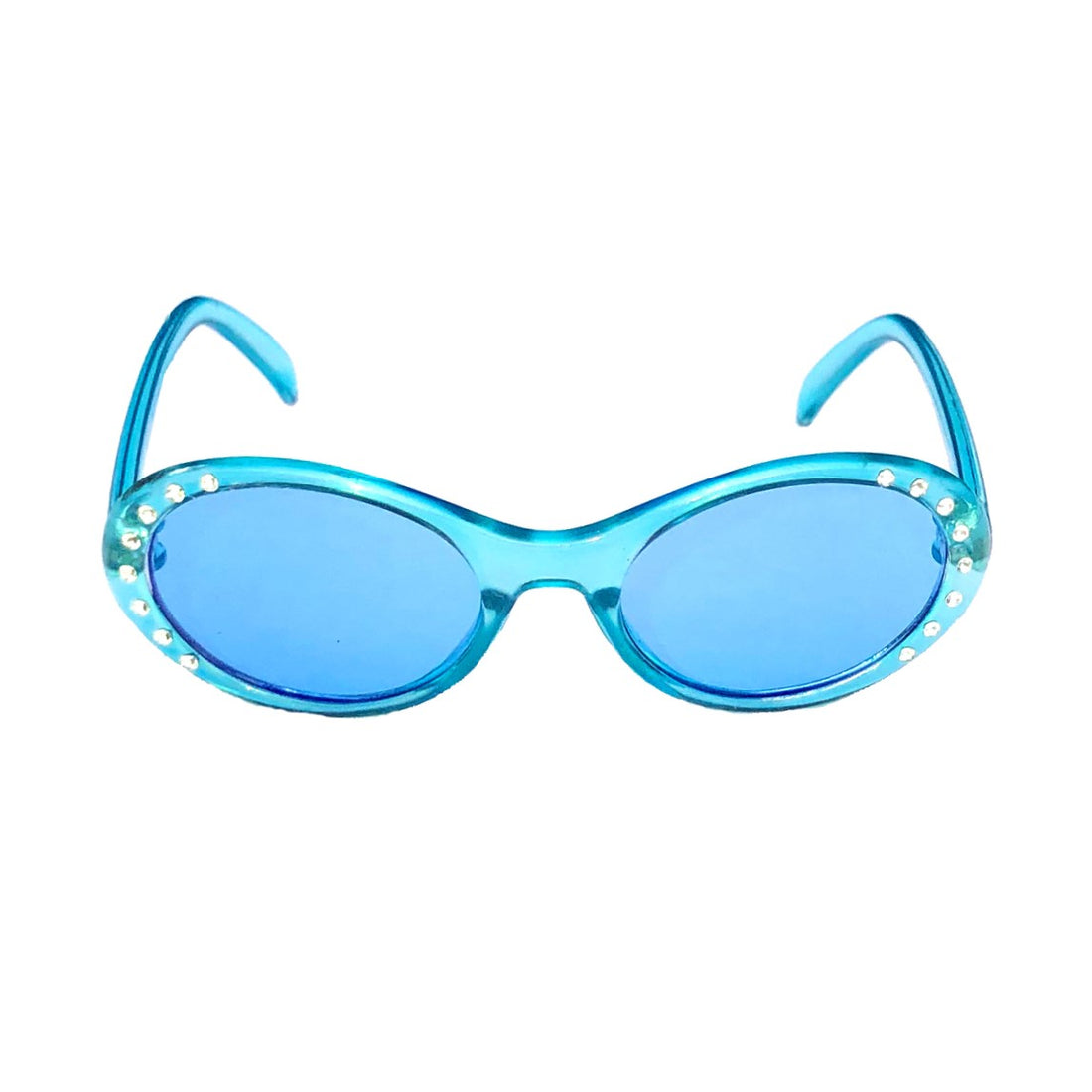 Doll sunglasses with aqua frames decorated with sparkly diamonds