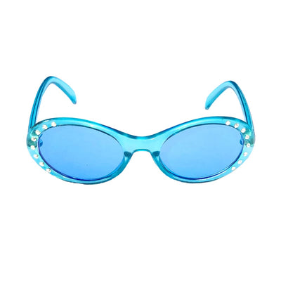 Doll sunglasses with aqua frames decorated with sparkly diamonds