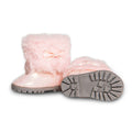 Furry pink winter boots for 18 inch dolls  showing Maplelea trademark sole