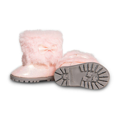 Furry pink winter boots for 18 inch dolls  showing Maplelea trademark sole