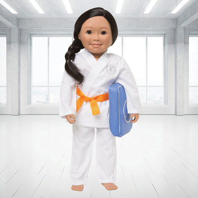 Karate set for 18 inch dolls white cotton jacket pants 9 coloured belts and kick pad