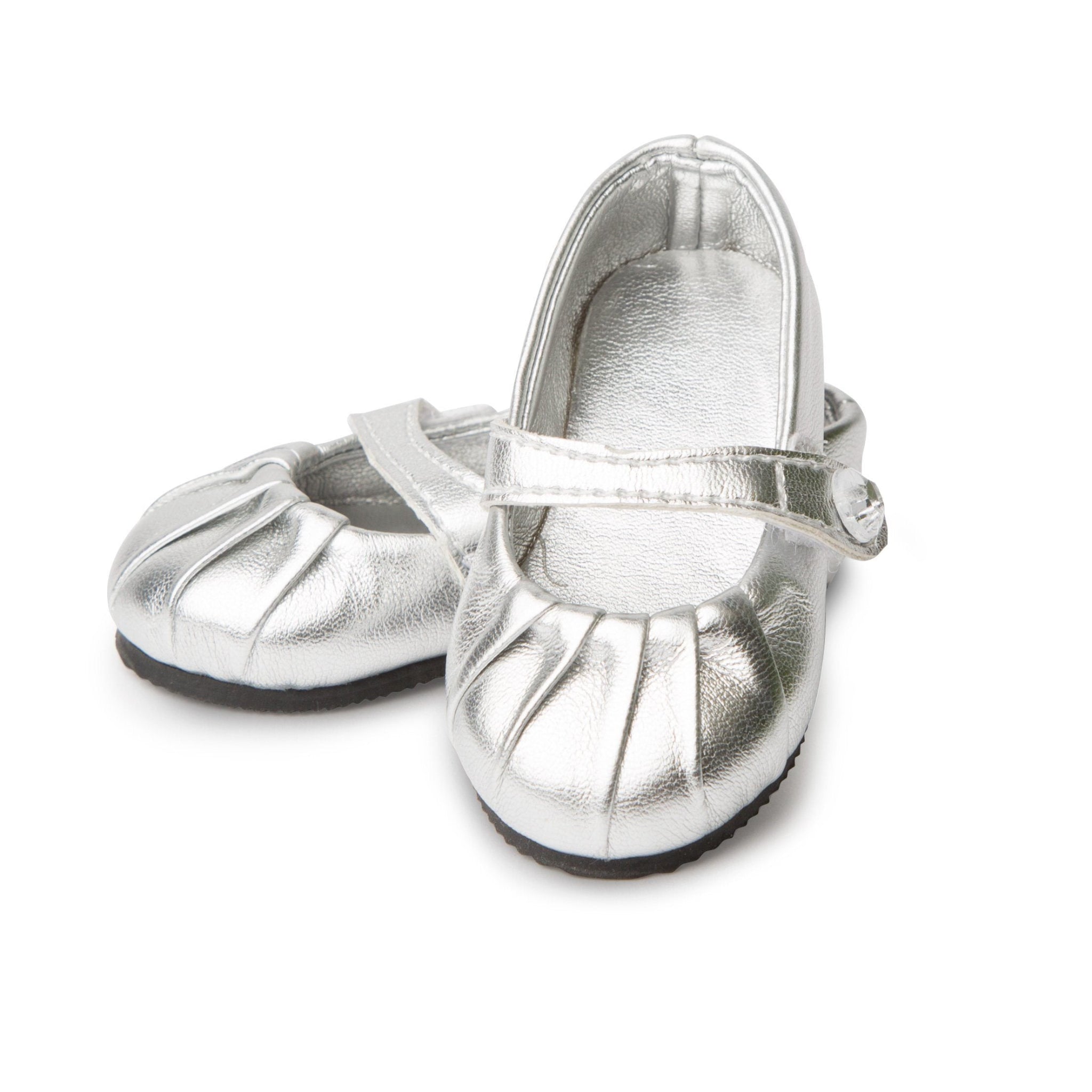 Silver Shine Shoes with pleated toe and strap fits all 18 inch dolls. 