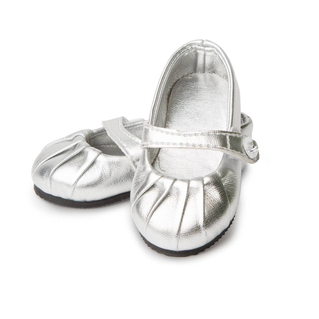 Silver Shine Shoes with pleated toe and strap fits all 18 inch dolls. 