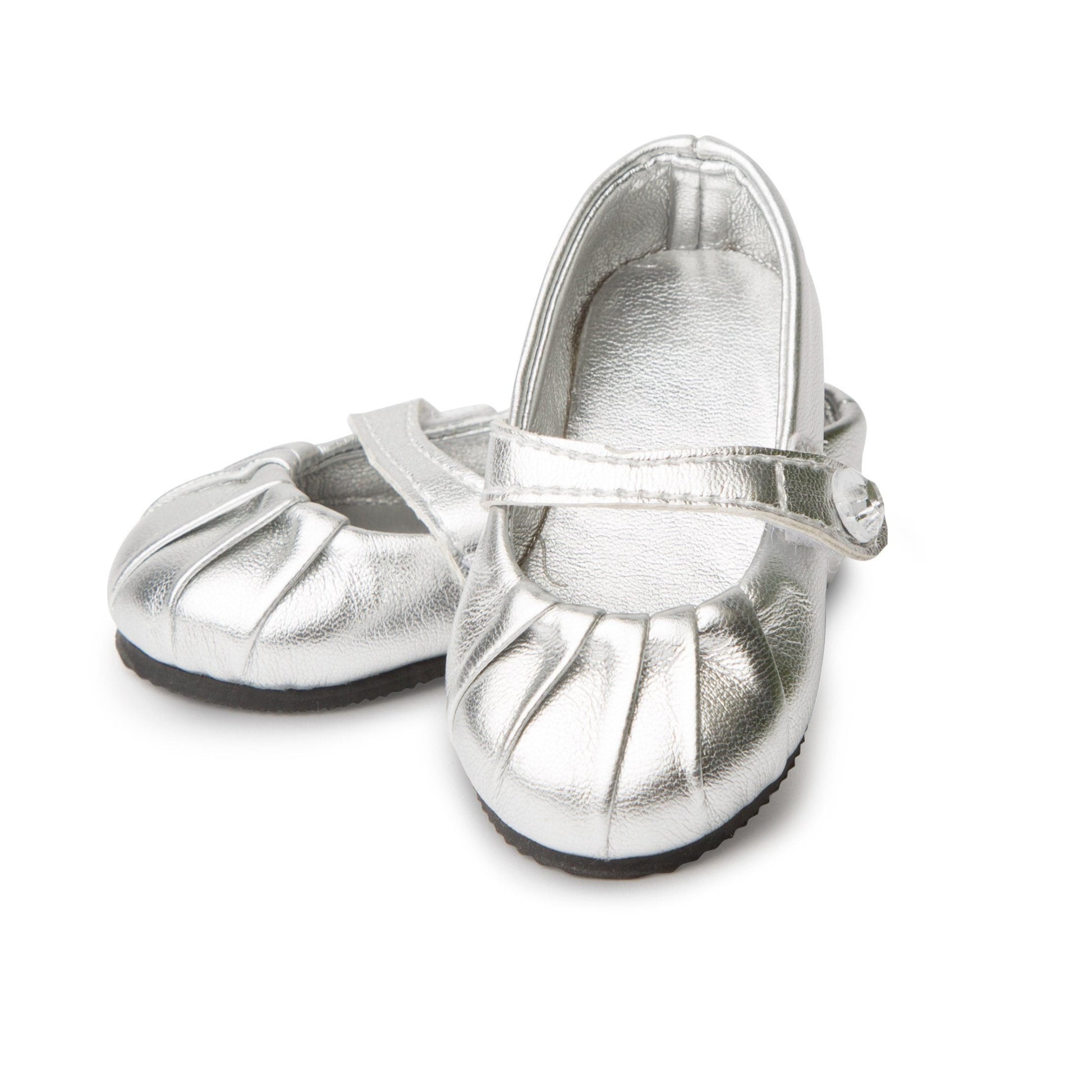 Silver Shine Shoes with pleated toe and strap fits all 18 inch dolls. 