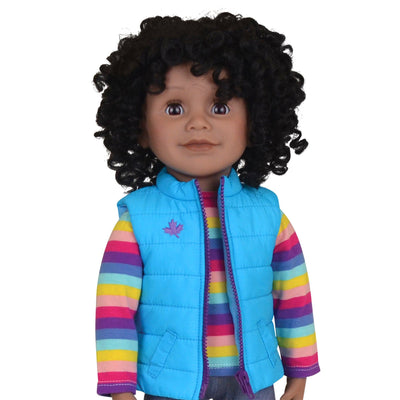 Maplelea 18 inch Black doll with short curly black-brown hair, dark skin and brown eyes
