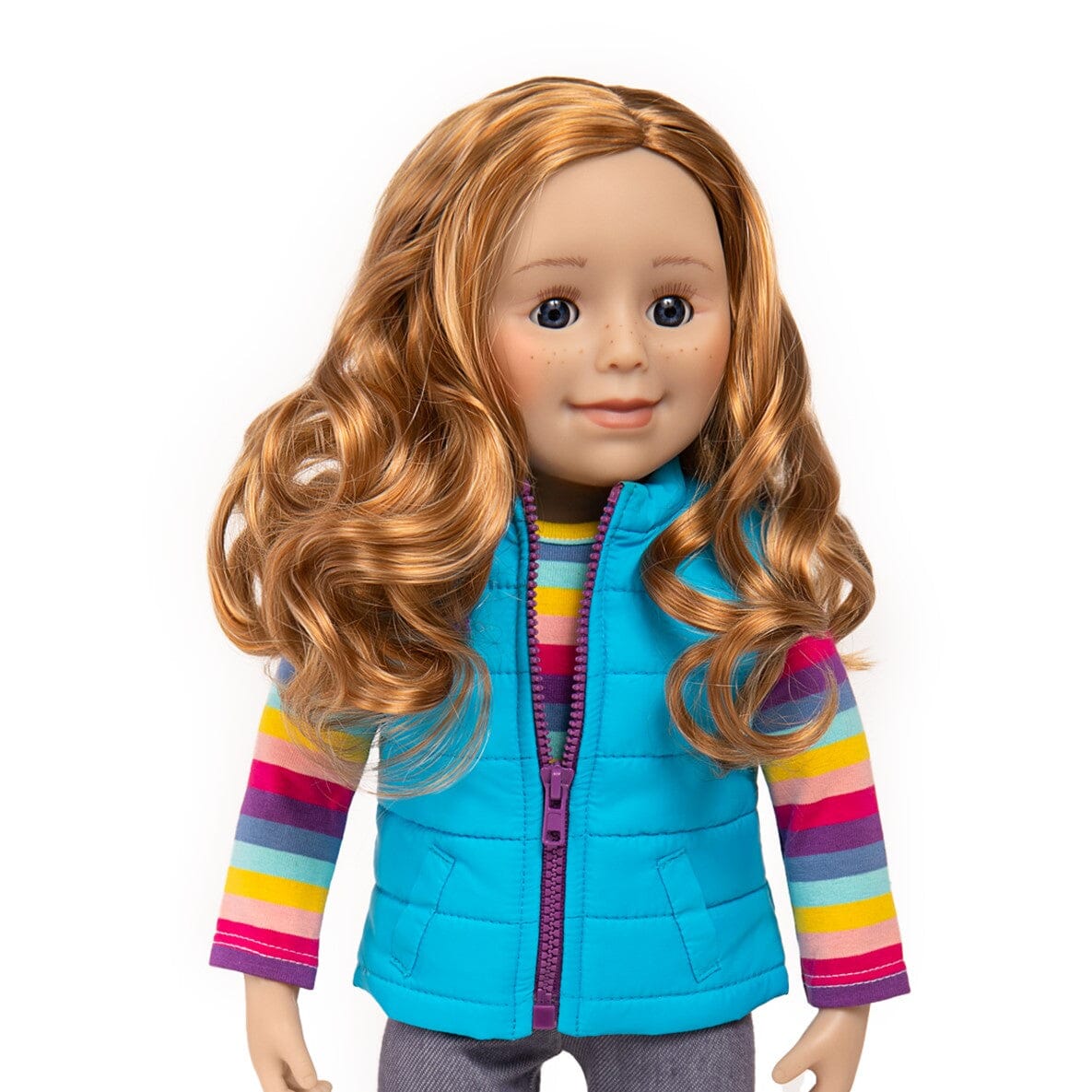 Strawberry-blonde doll from Canada wearing a blue vest and striped shirt