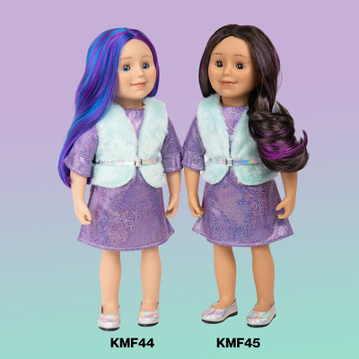 This KMF45 doll with dark hair and purple streaks is shown next to a similar doll with blue and purple hair