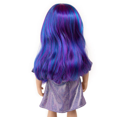 a doll viewed from the back so you can see her beautiful long blue and purple hair.