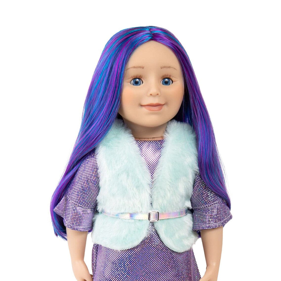 18 inch doll with purple and blue hair, blue eyes, purple sparkly dress, light mint green plush vest