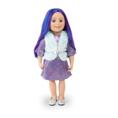 An 18 inch doll with purple and blue hair, blue eyes, sparkly dress, vest and shoes