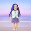 doll with purple and blue hair, blue eyes, shown on sunrise background