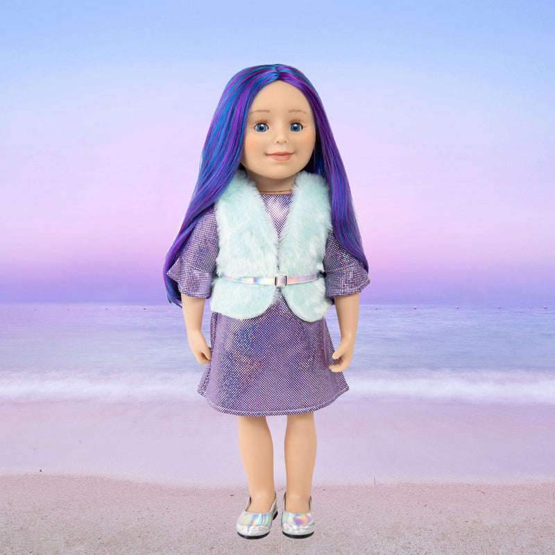 18 inch doll with purple and blue hair, blue eyes, purple sparkly dress, light mint green plush vest