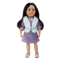 18 inch Canadian doll with dark hair, purple streaks brown eyes, sparkly dress, vest and shoes