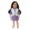 18 inch Canadian doll with dark hair, purple streaks brown eyes, sparkly dress, vest and shoes