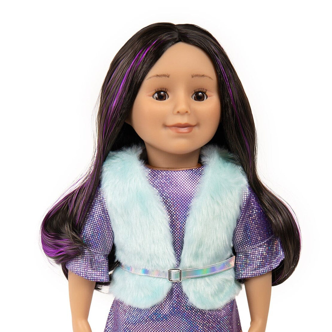 Close-up of an 18 inch doll with dark hair with purple streaks, brown eyes, plus vest and dress