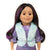 Close-up of an 18 inch doll with dark hair with purple streaks, brown eyes, plus vest and sparkly dress