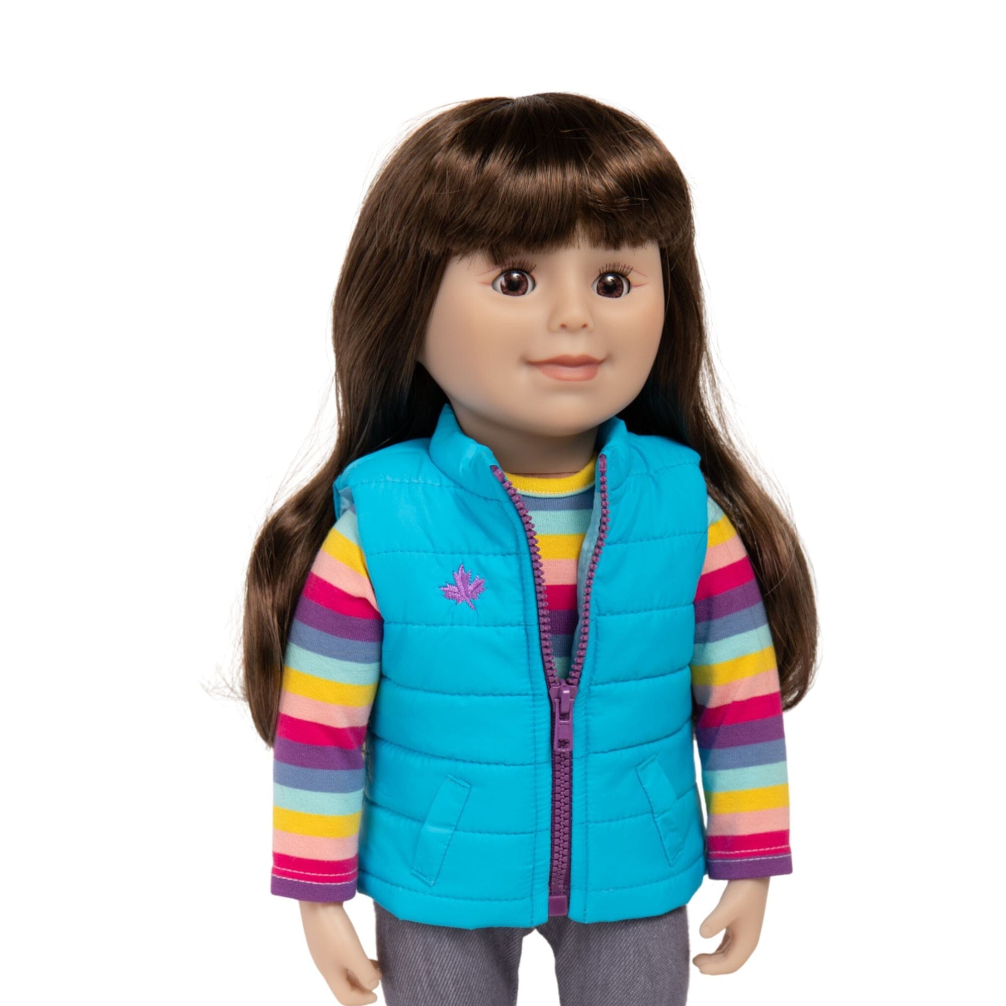 Canadian girl doll with brown eyes and brown hair with bangs